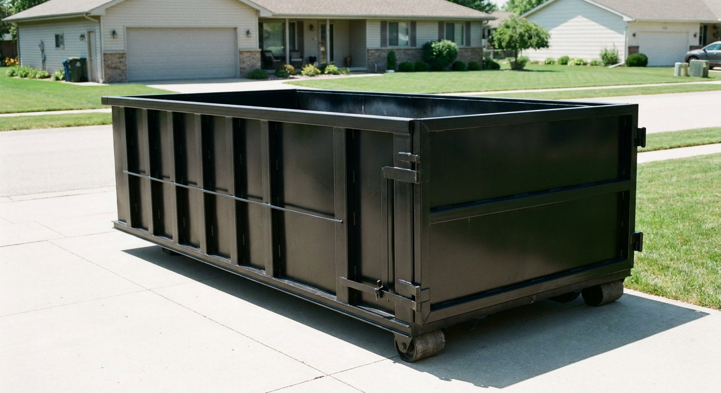 Matte-black 10-yard roll-off dumpster on a residential concrete driveway in Nashua, uniformly painted matte black across every panel and rail, ribbed steel sidewalls and rear swing door visible, mid-day daylight.