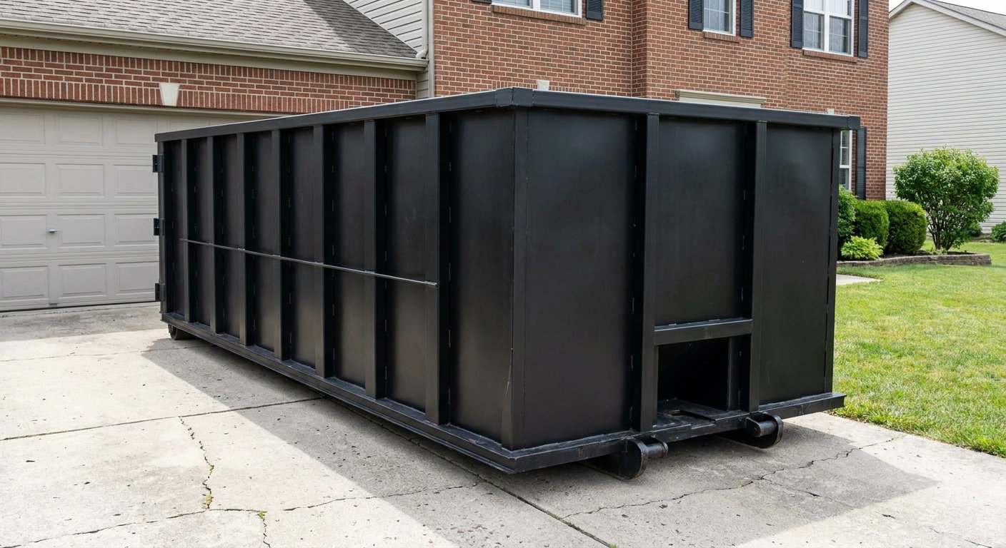 Matte-black 20-yard roll-off container on a Nashua residential concrete driveway with reinforced ribbed steel sidewalls and a hinged rear walk-in door, clean bright daylight.