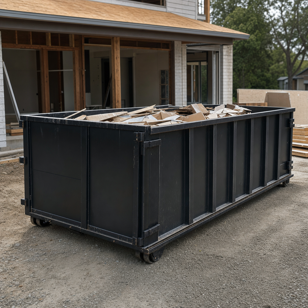 Large matte-black 30-yard construction roll-off dumpster at an active Nashua jobsite, steel-gray top rails and bottom rollers visible, loaded with construction debris.