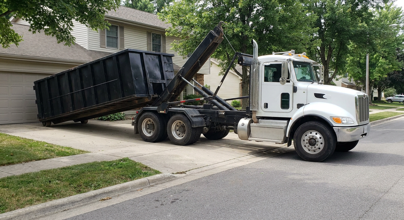 White-cab hooklift roll-off truck actively lowering a matte-black dumpster onto a Nashua residential concrete driveway, the dumpster's rear wheels touching the driveway as the hoist arm tilts the bed forward, mid-morning daylight.