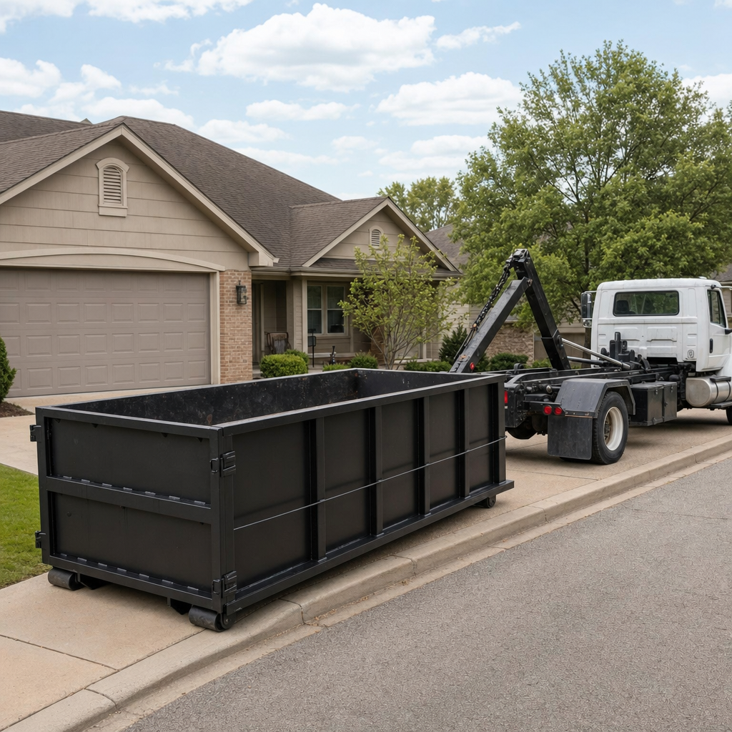 Wide documentary shot of a matte-black roll-off dumpster on a Nashua residential driveway in the foreground and a contractor jobsite container in the soft-focus background, bright daylight, calm and orderly composition.