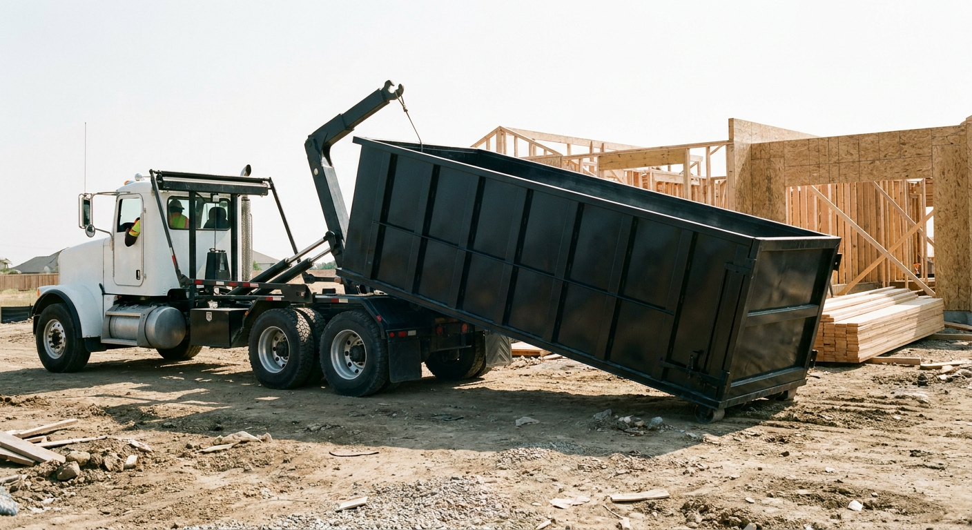 Matte-black roll-off dumpster being delivered onto a clean residential concrete driveway in Nashua by an unmarked white hooklift hauler truck, bright morning daylight, documentary 35mm perspective.